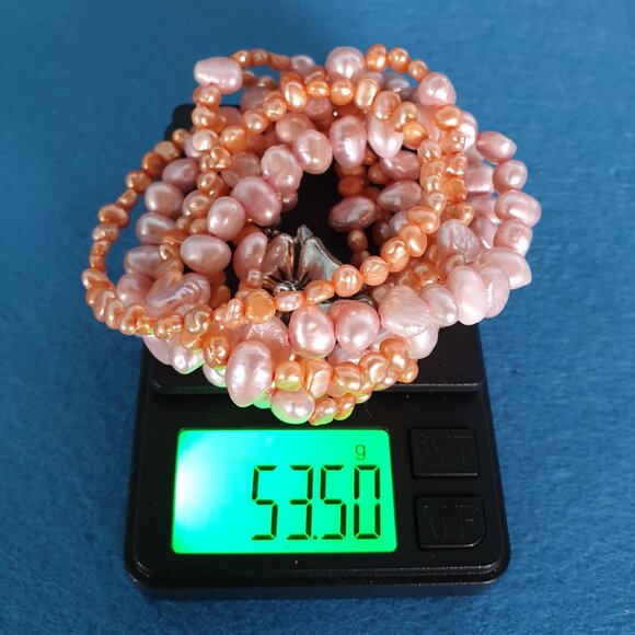 Vintage Sterling Silver 3-Strand Pink & Orange Pearl Necklace with Flower Clasp - Picture 14 of 14